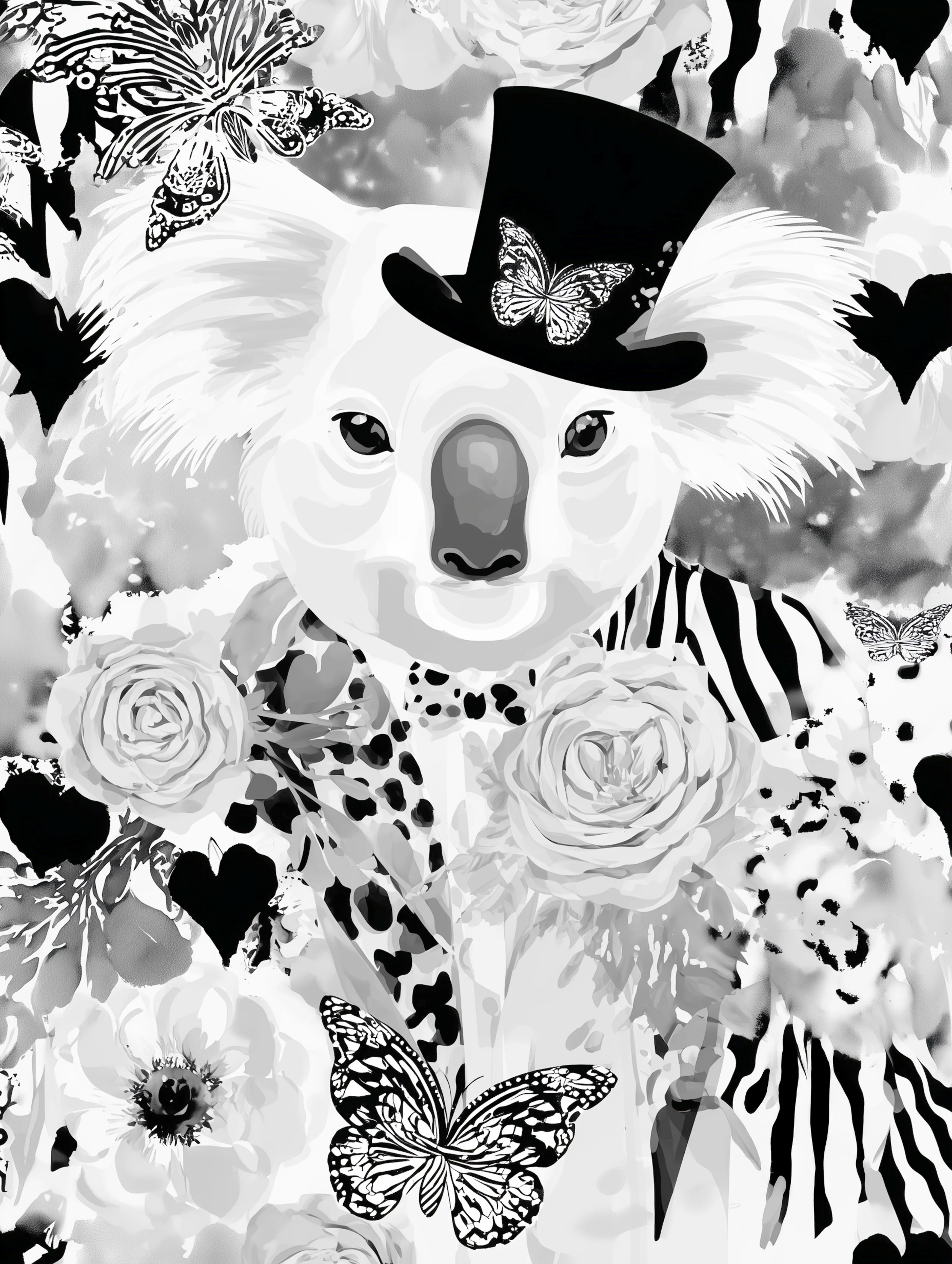 Free printable koala coloring page for adults featuring zebra shirt koala with tophat